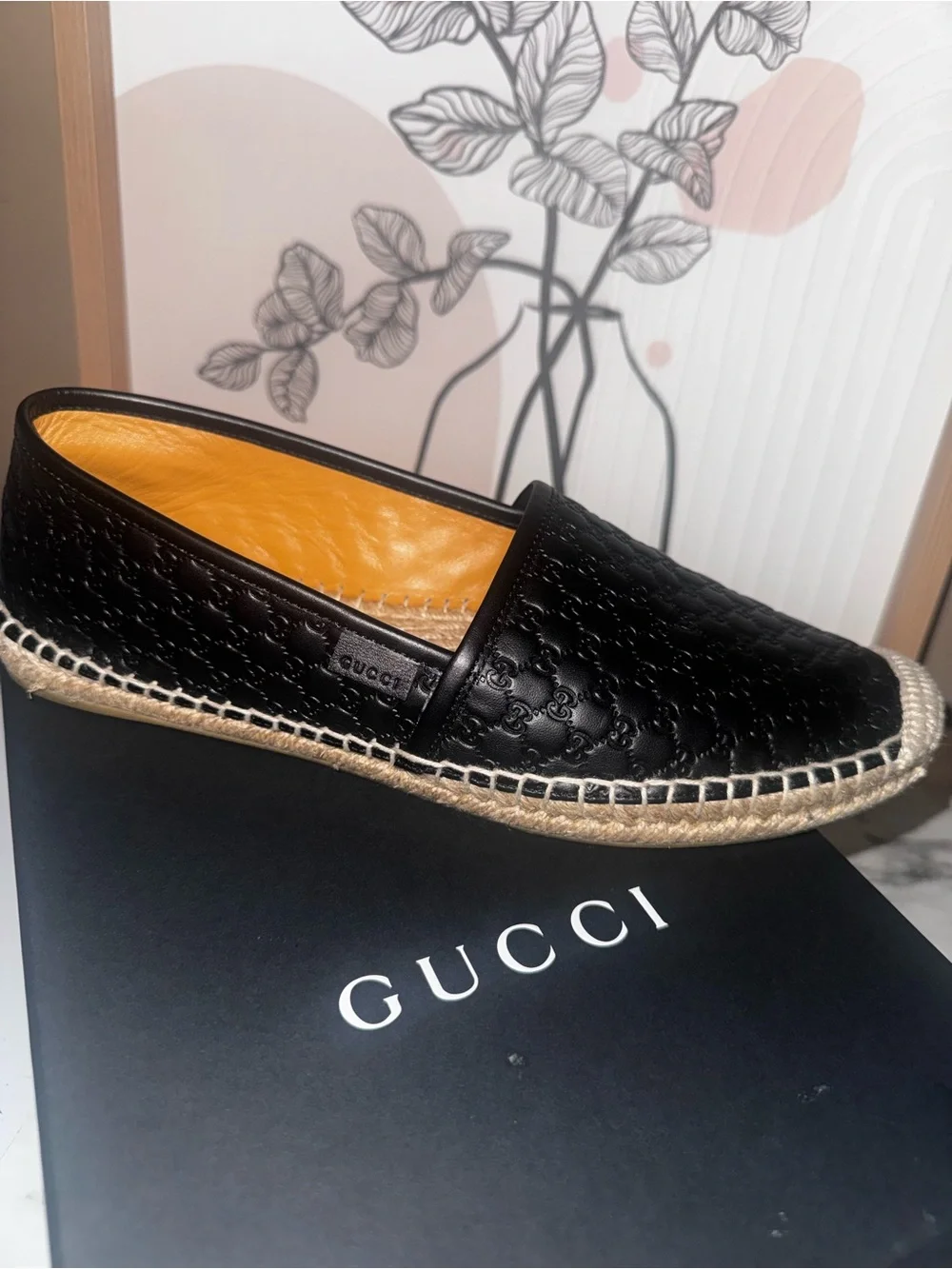 Gucci Black Leather Espadrille Slip-On Mules